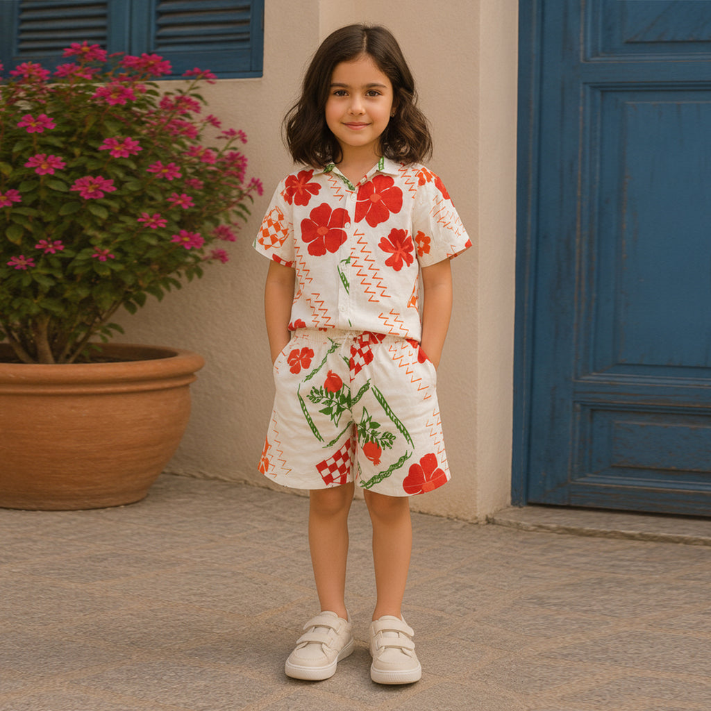 Girls Apricot Elegant Flower Printed Button-Down Linen Cotton Co-Ord Set
