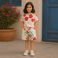 Girls Apricot Elegant Flower Printed Button-Down Linen Cotton Co-Ord Set