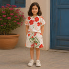 Girls Apricot Elegant Flower Printed Button-Down Linen Cotton Co-Ord Set