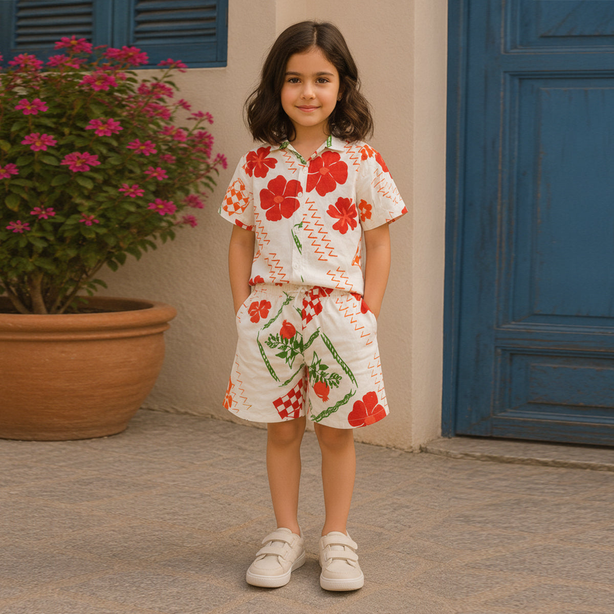 Girls Apricot Elegant Flower Printed Button-Down Linen Cotton Co-Ord Set