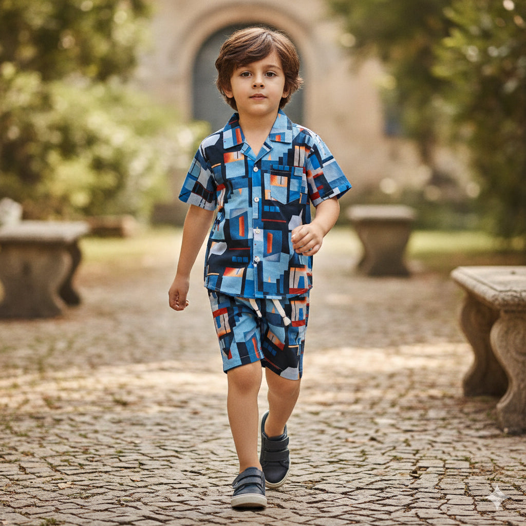 Boys Navy Printed Short Sleeve Shirt and Shorts Co-ord Set