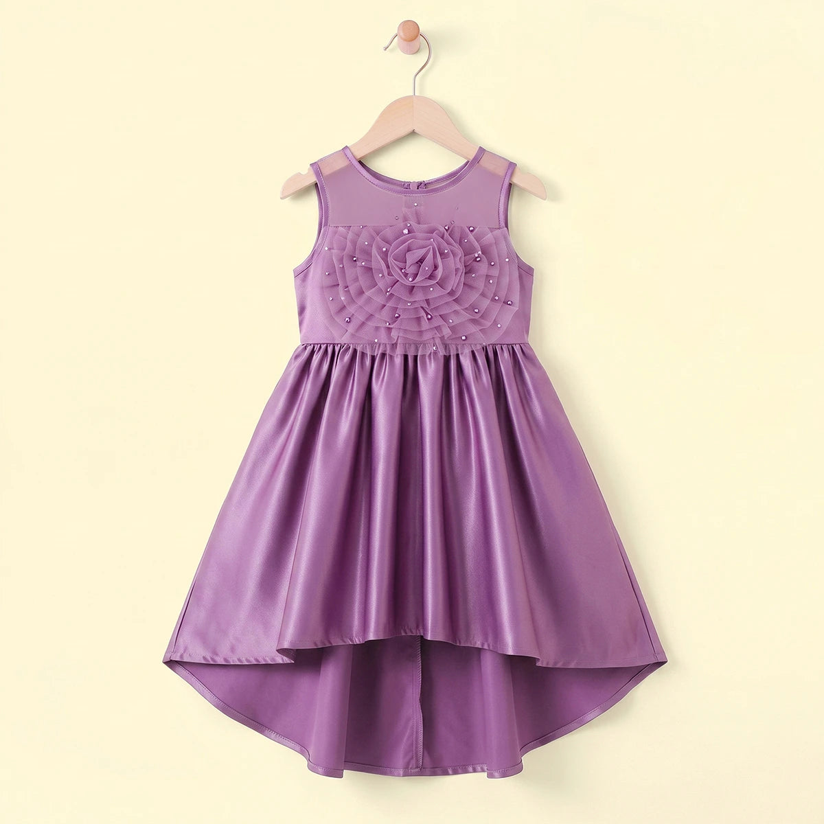 Girls Pink Floral Applique High Low Sleeveless Party Wear Dress