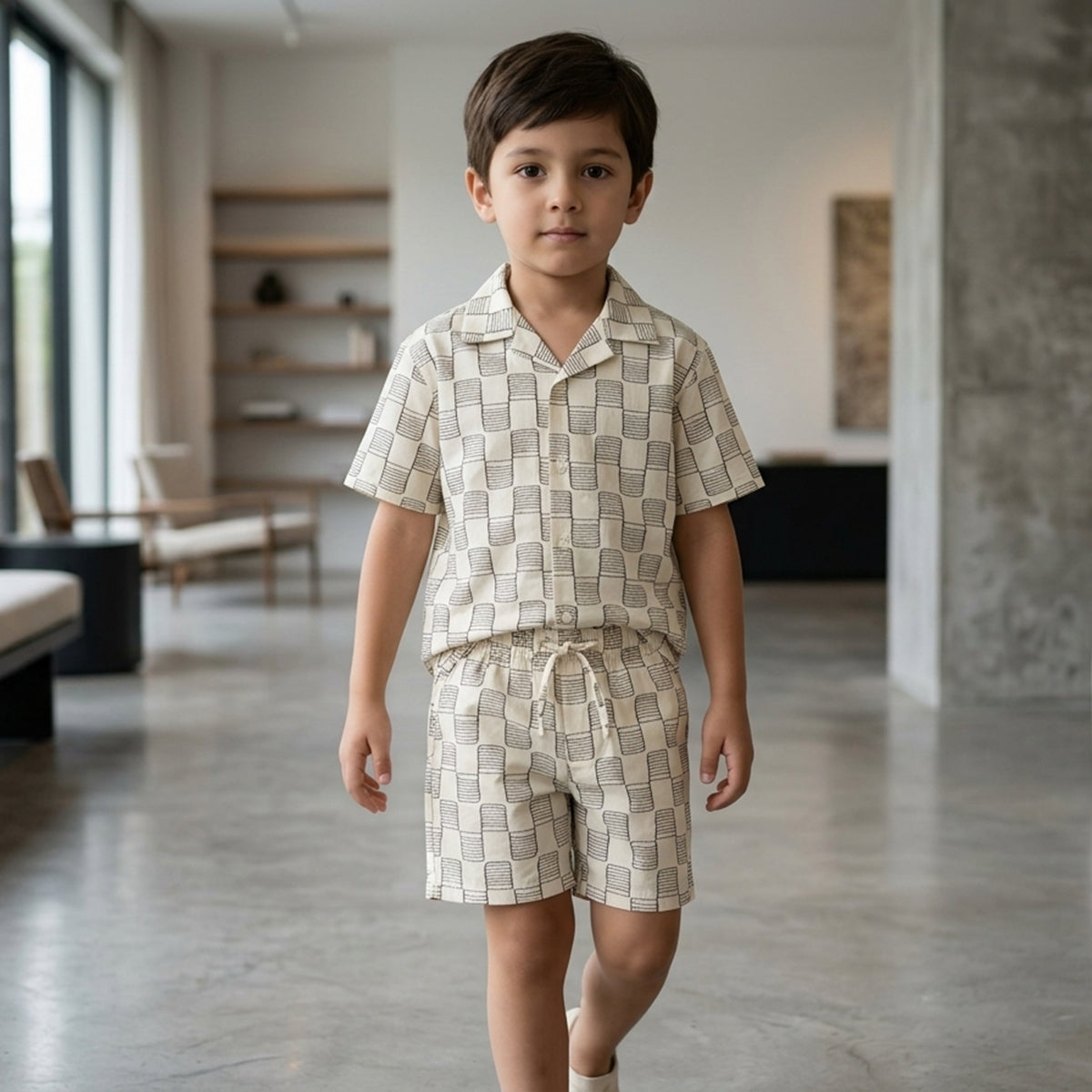 Boys Apricot Short Sleeve Printed Shirt With Drawcord Waist Shorts Sets