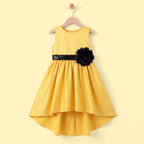 Girls Yellow Floral Applique High Low Sleeveless Party Wear Dress