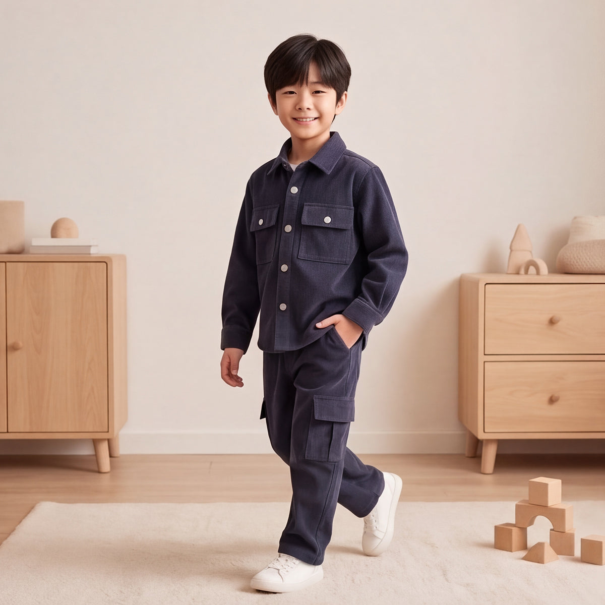 Boys Grey Cotton Corduroy Shirt With Trousers Set