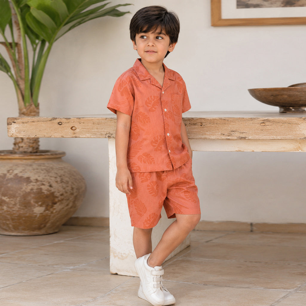Boys Orange Short Sleeve Leaf Print Shirt With Drawcord Waist Shorts Sets