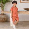 Boys Orange Short Sleeve Leaf Print Shirt With Drawcord Waist Shorts Sets