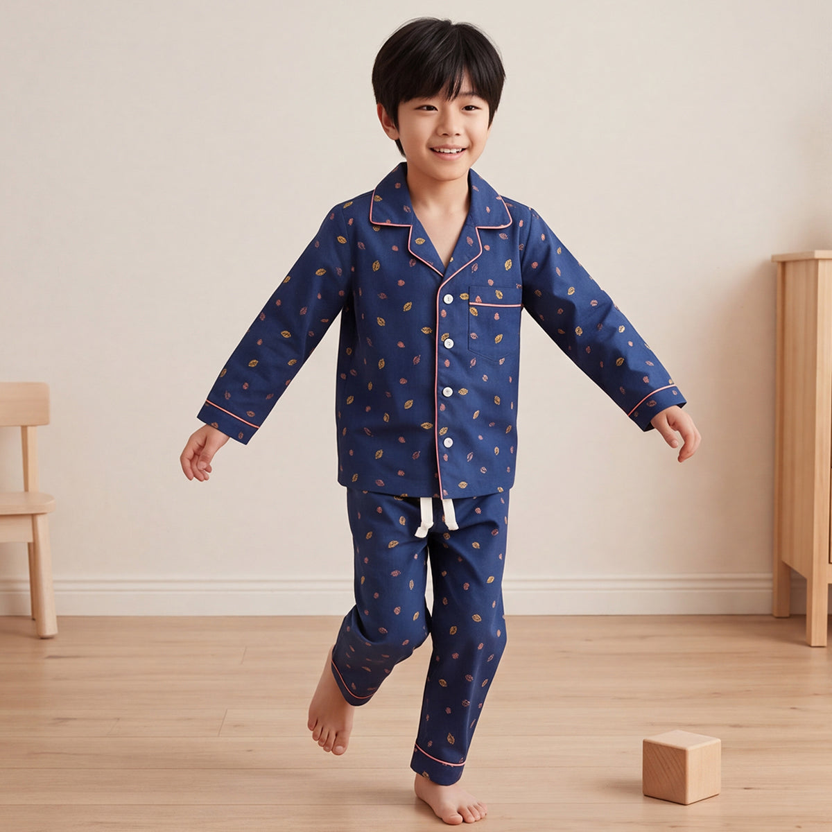 Boys Blue Leaf Printed Long Sleeve Shirt With Elasticated Pants Nightwear Sets