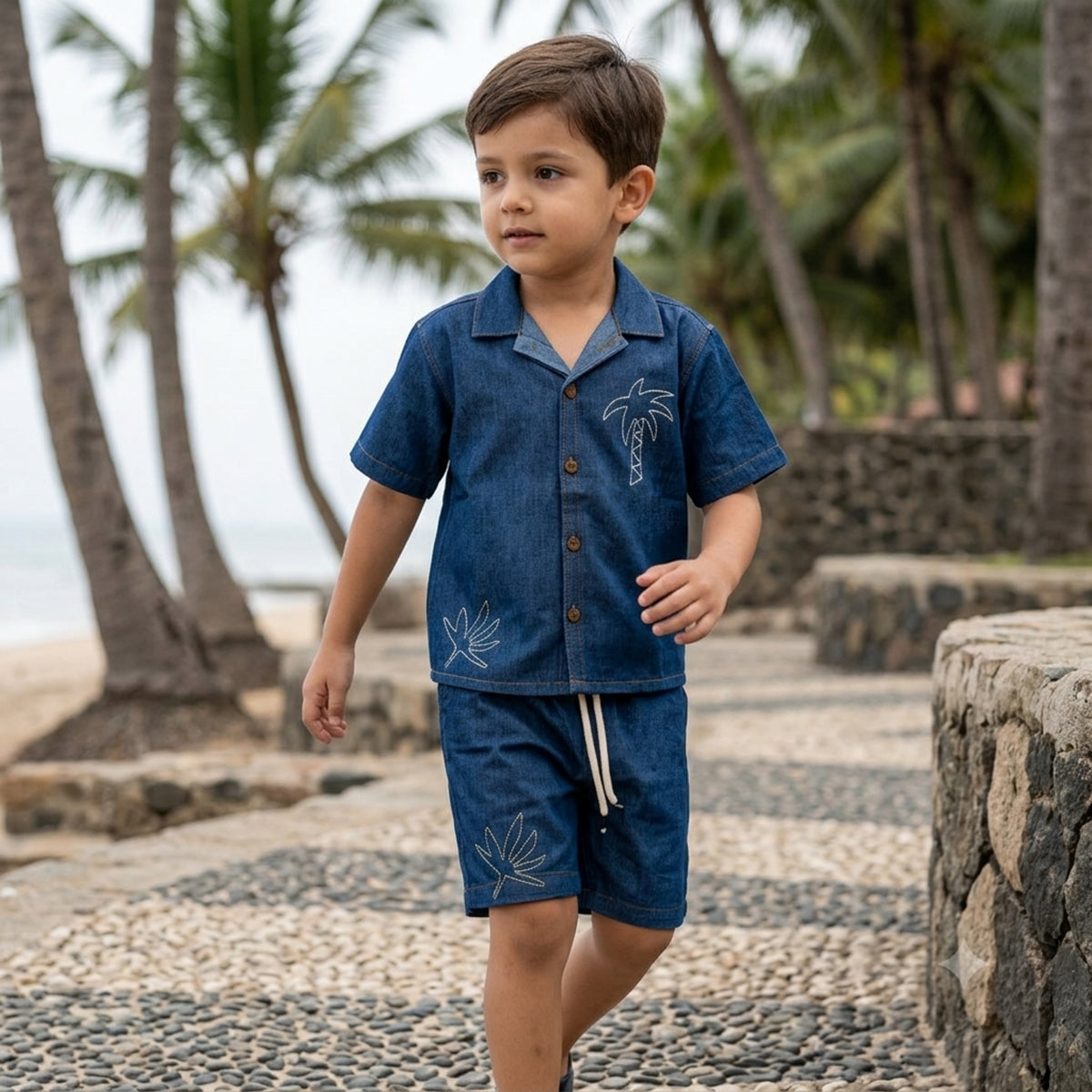 Boys Blue Rinse Wash Short Sleeve Denim Shirt With Short Co-ord Set