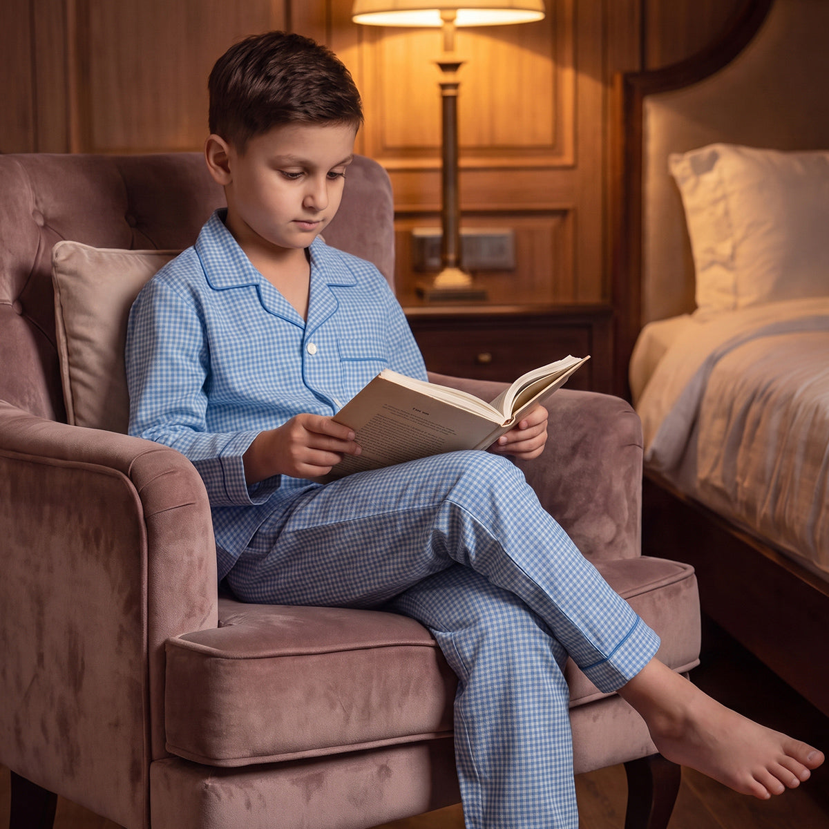 Boys Blue Pajama Set: Long Sleeve Shirt and Elasticated Pants Sleepwear