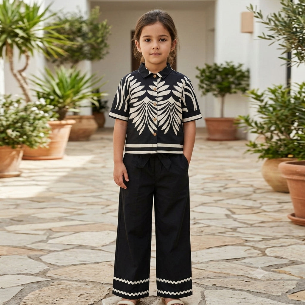 Girls Black Leaf Printed Button-Down Mercerized Cotton Co-Ord Set