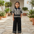 Girls Black Leaf Printed Button-Down Mercerized Cotton Co-Ord Set