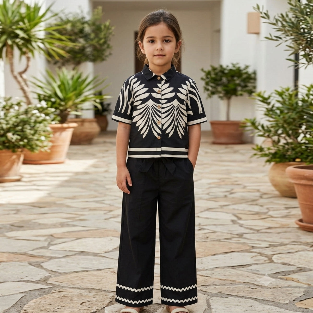 Girls Black Leaf Printed Button-Down Mercerized Cotton Co-Ord Set