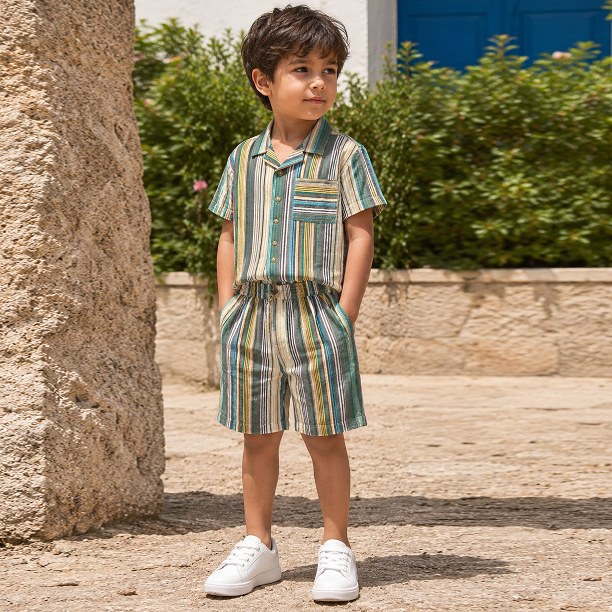 Boys Multicolor Short Sleeve Shirt With Shorts Co-ord Set