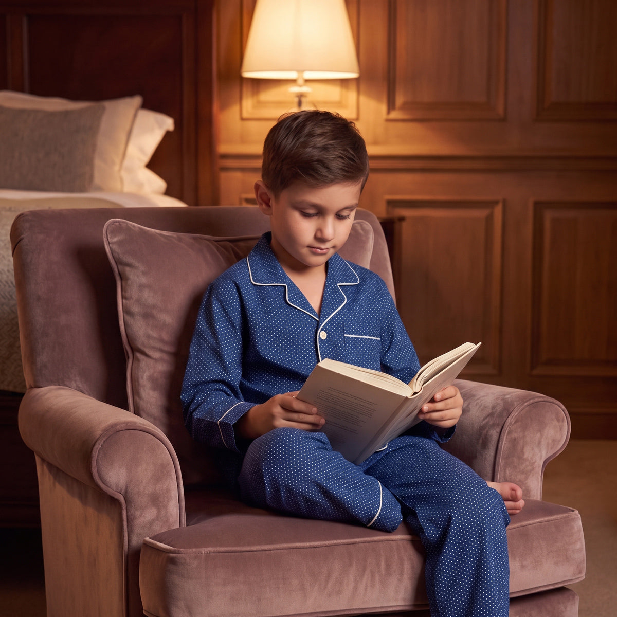 Boys Navy Pajama Set: Long Sleeve Shirt and Elasticated Pants Sleepwear