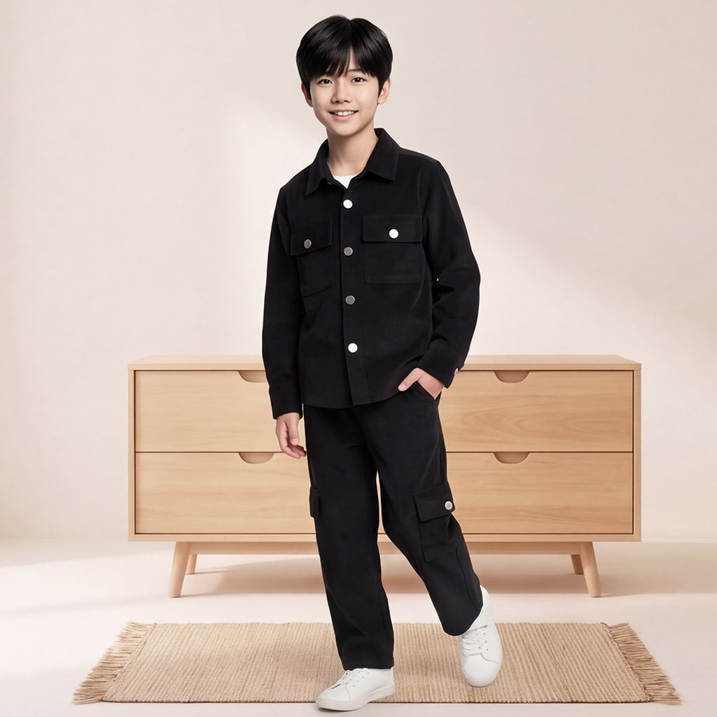 Boys Black Cotton Corduroy Shirt With Trousers Set