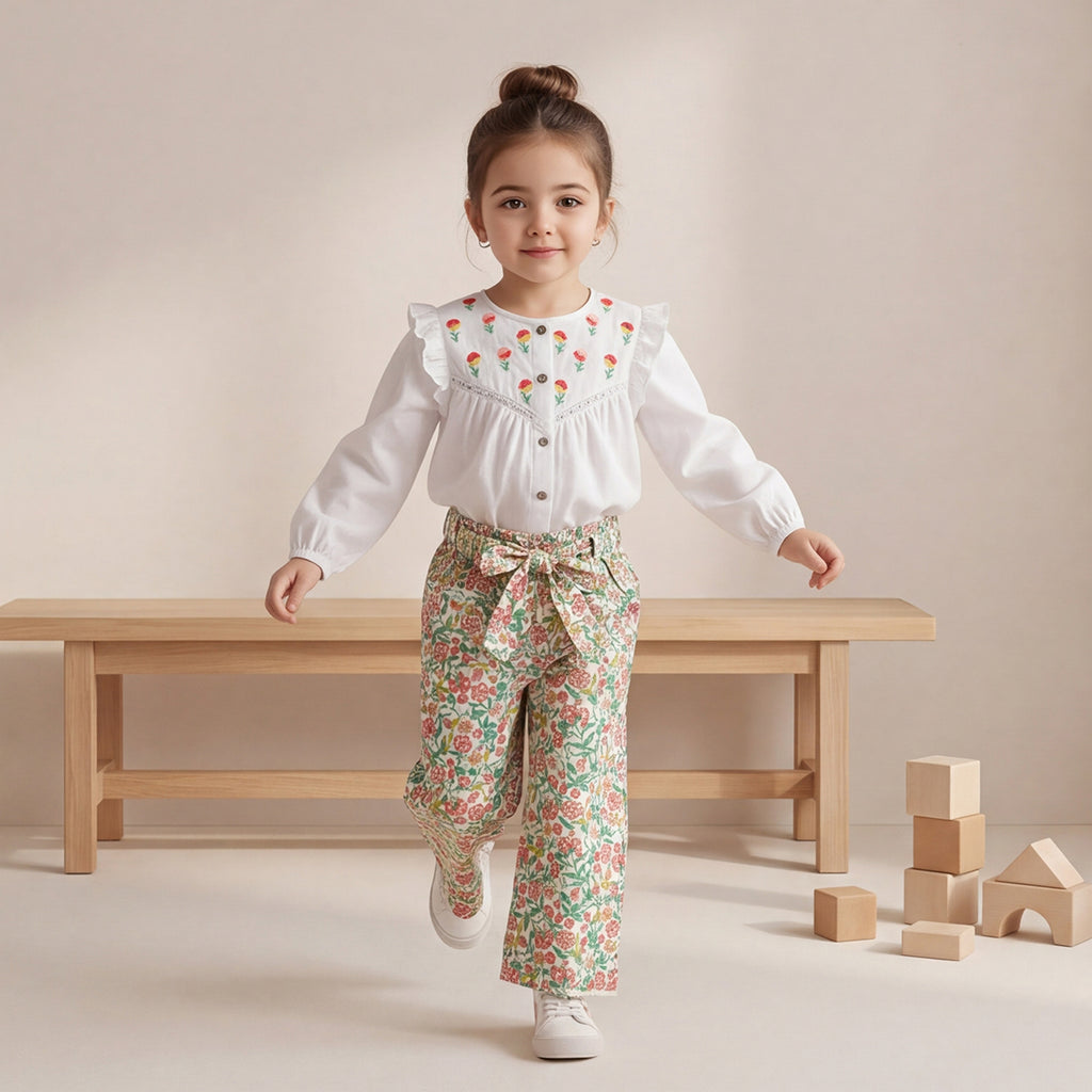 Girls White Swiss Dot Embroidered Top With Printed Trousers Set