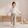 Girls White Swiss Dot Embroidered Top With Printed Trousers Set