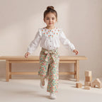 Girls White Swiss Dot Embroidered Top With Printed Trousers Set
