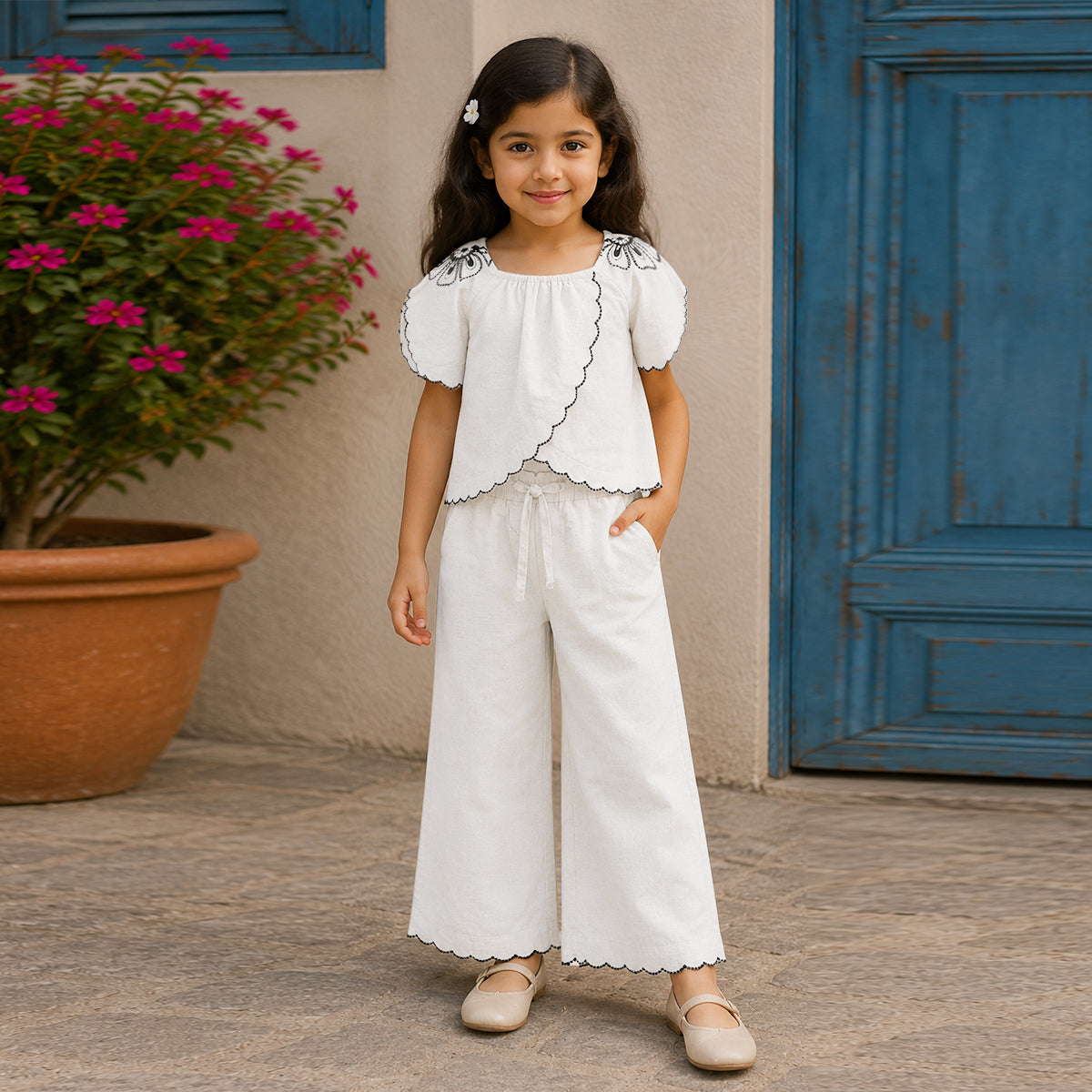 Girls White Elegant Flower Embroidery Button-Down Linen Co-Ord Set