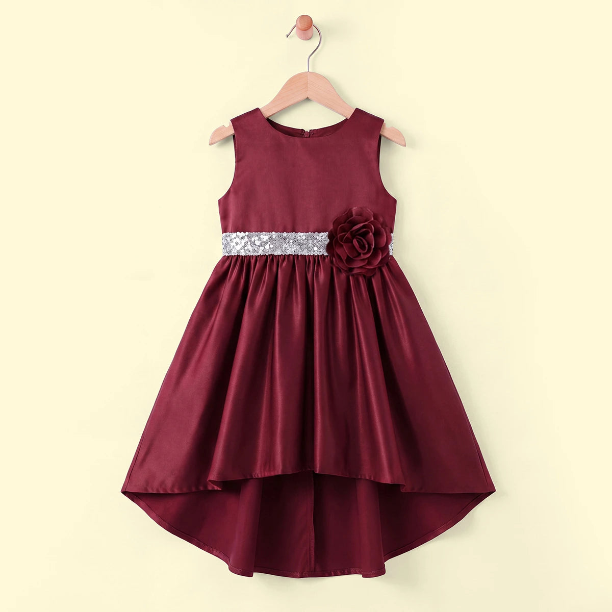 Girls Red Floral Applique High Low Sleeveless Party Wear Dress