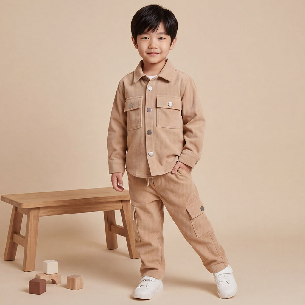 Boys Peach Cotton Corduroy Shirt With Trousers Set