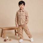Boys Peach Cotton Corduroy Shirt With Trousers Set