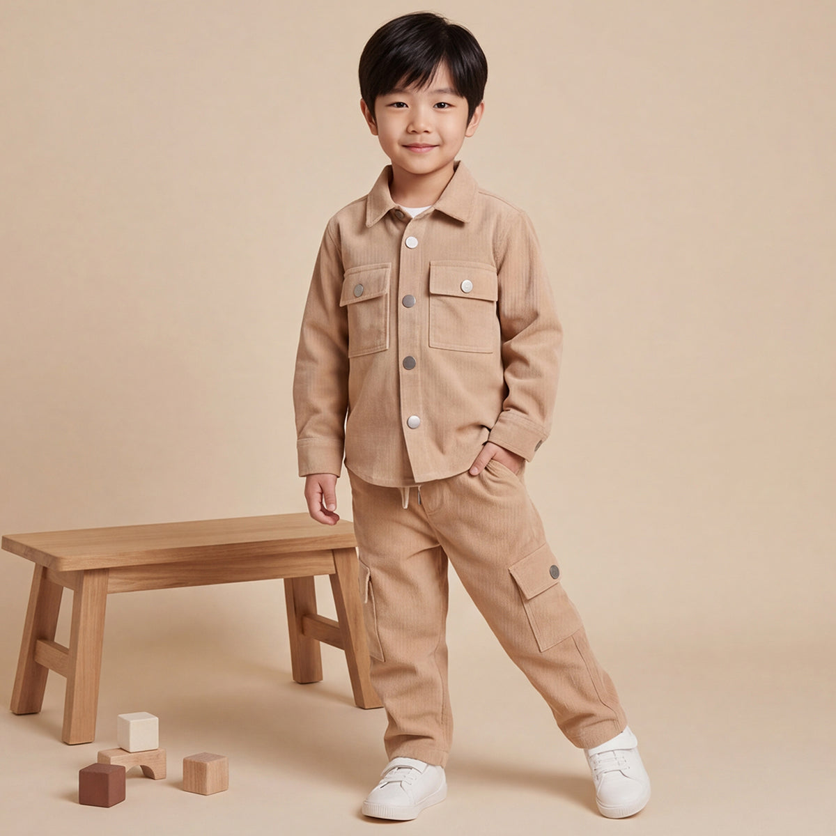 Boys Peach Cotton Corduroy Shirt With Trousers Set