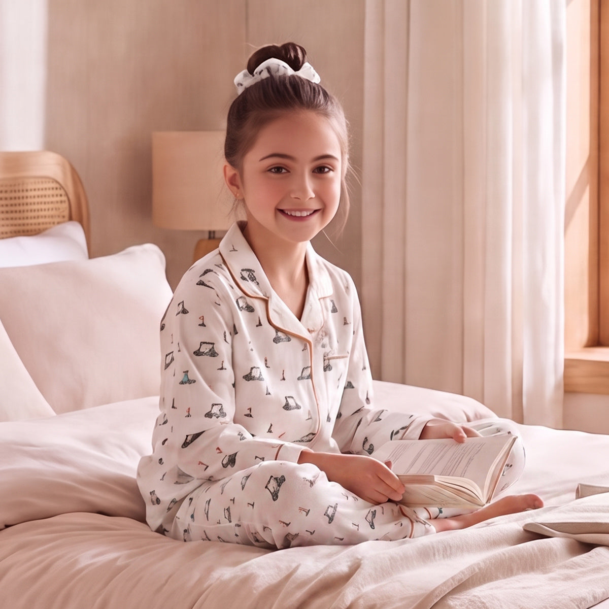 Girls White 3Pcs Pajama Set: Long Sleeve Shirt, Pajamas and Matching Stretched Hair Band