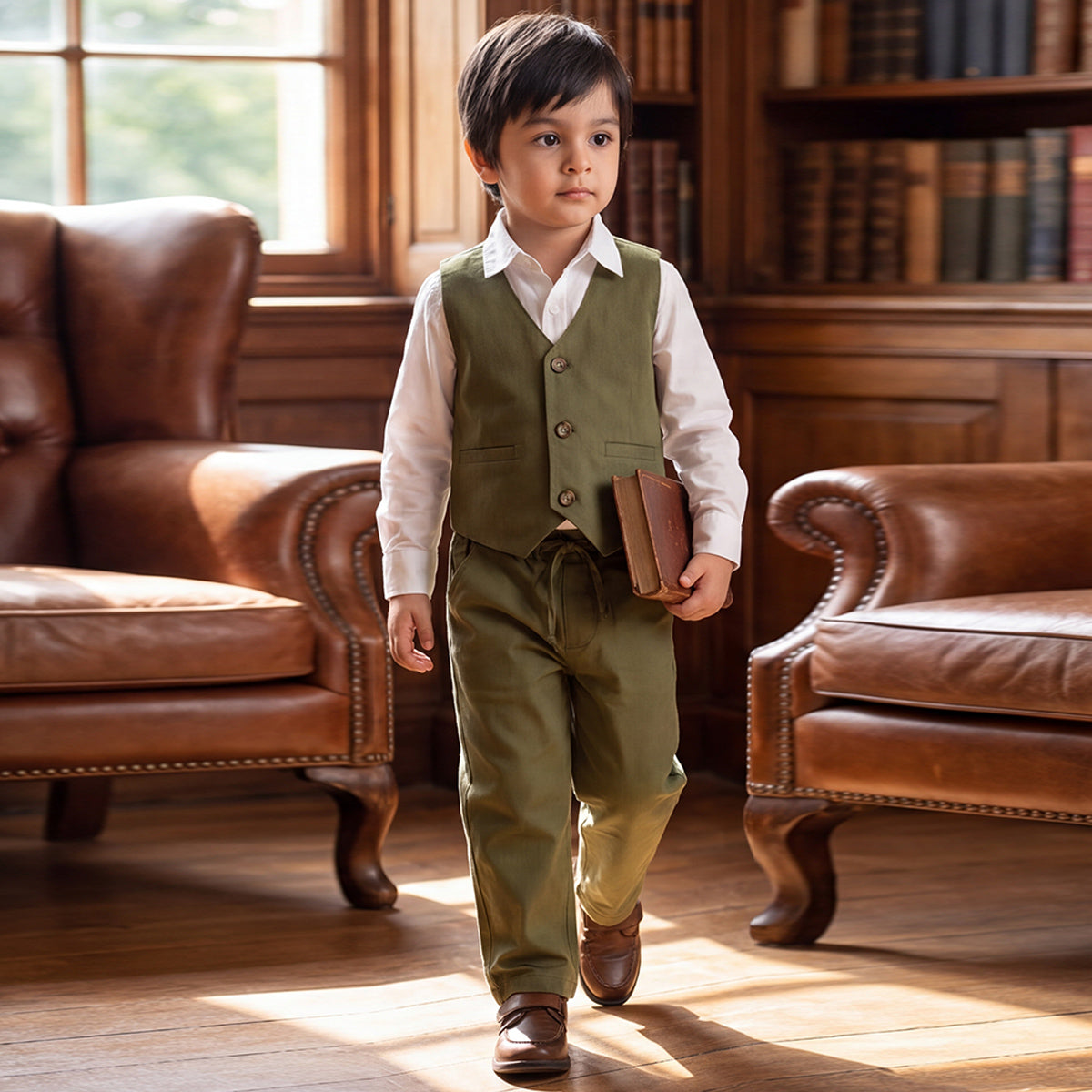Toddler Boys Green 3Pcs Outfit Set Shirt with Waist Coat and Pants Suit