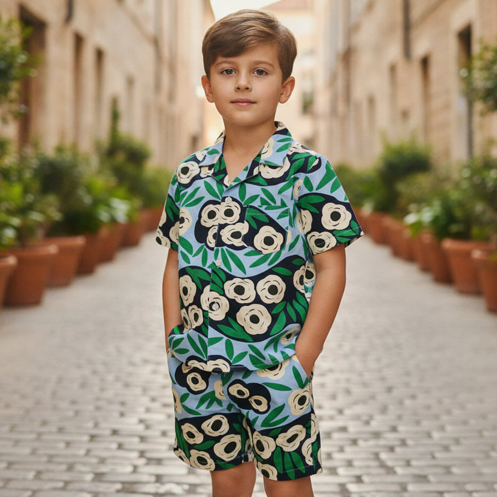 Boys Green Printed Short Sleeve Shirt With Elasticated Shorts Co-ord Set