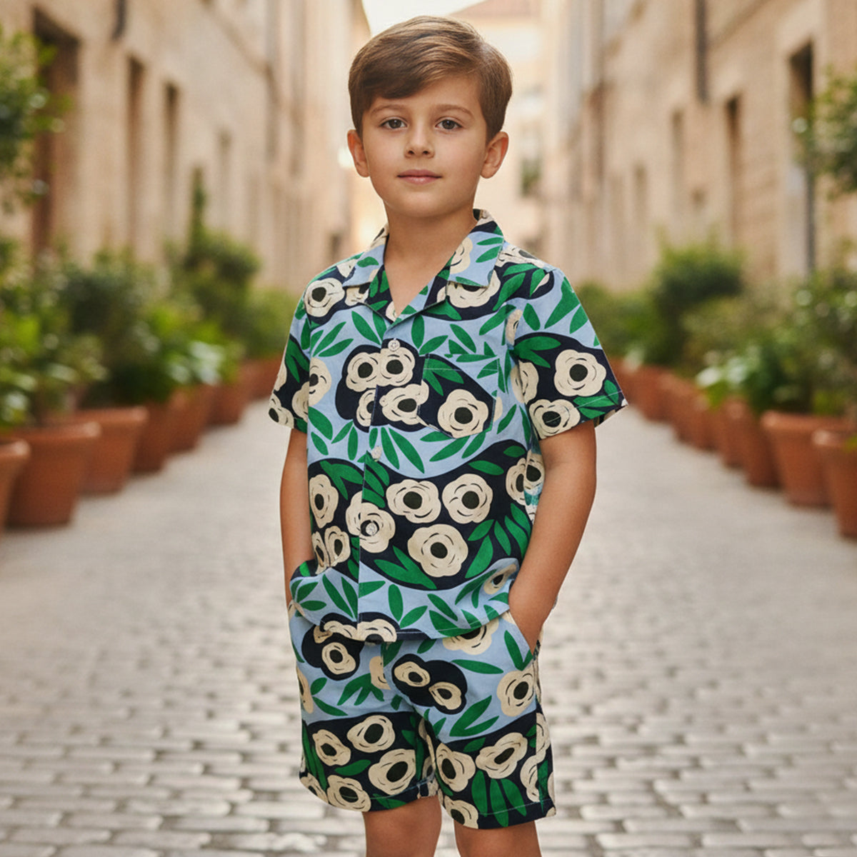 Boys Green Printed Short Sleeve Shirt With Elasticated Shorts Co-ord Set