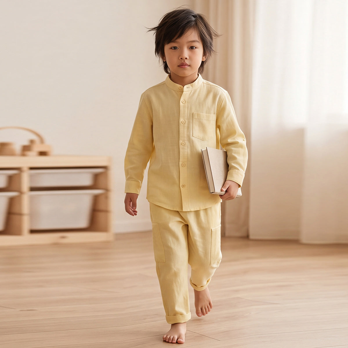 Boys Yellow Mandarin collar Shirt With Elasticated Pants Set