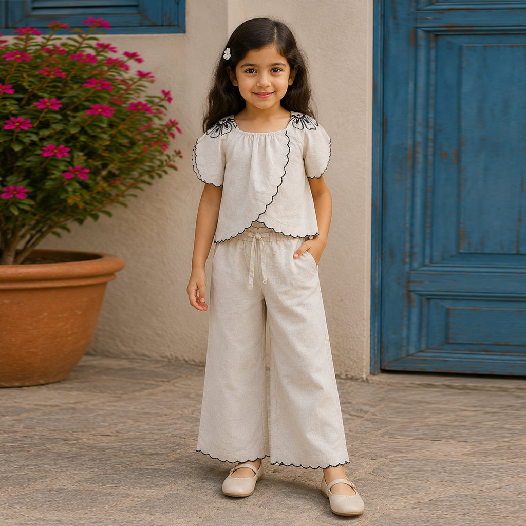 Girls Beige Elegant Flower Embroidery Button-Down Linen Co-Ord Set