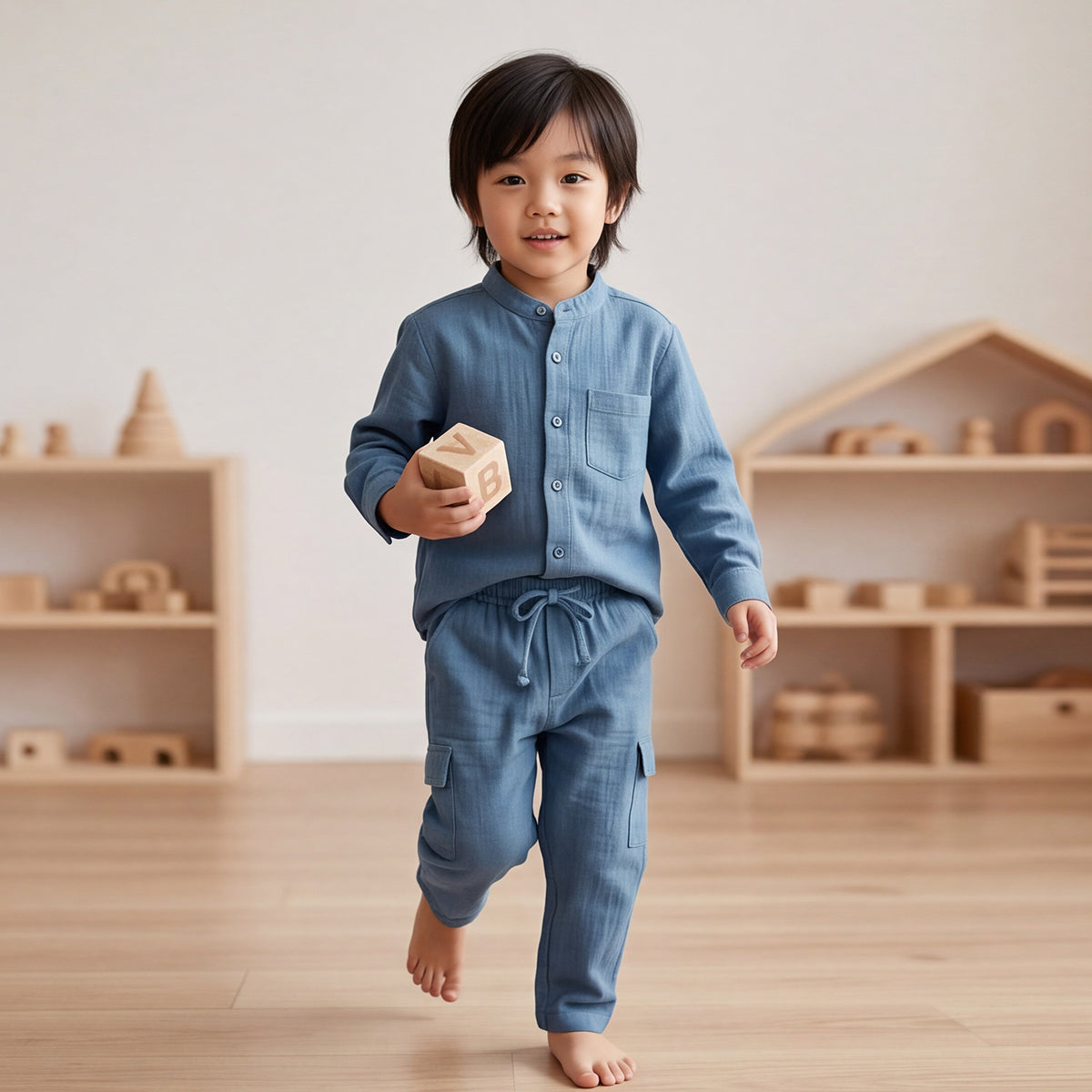 Boys Blue Mandarin collar Shirt With Elasticated Pants Set