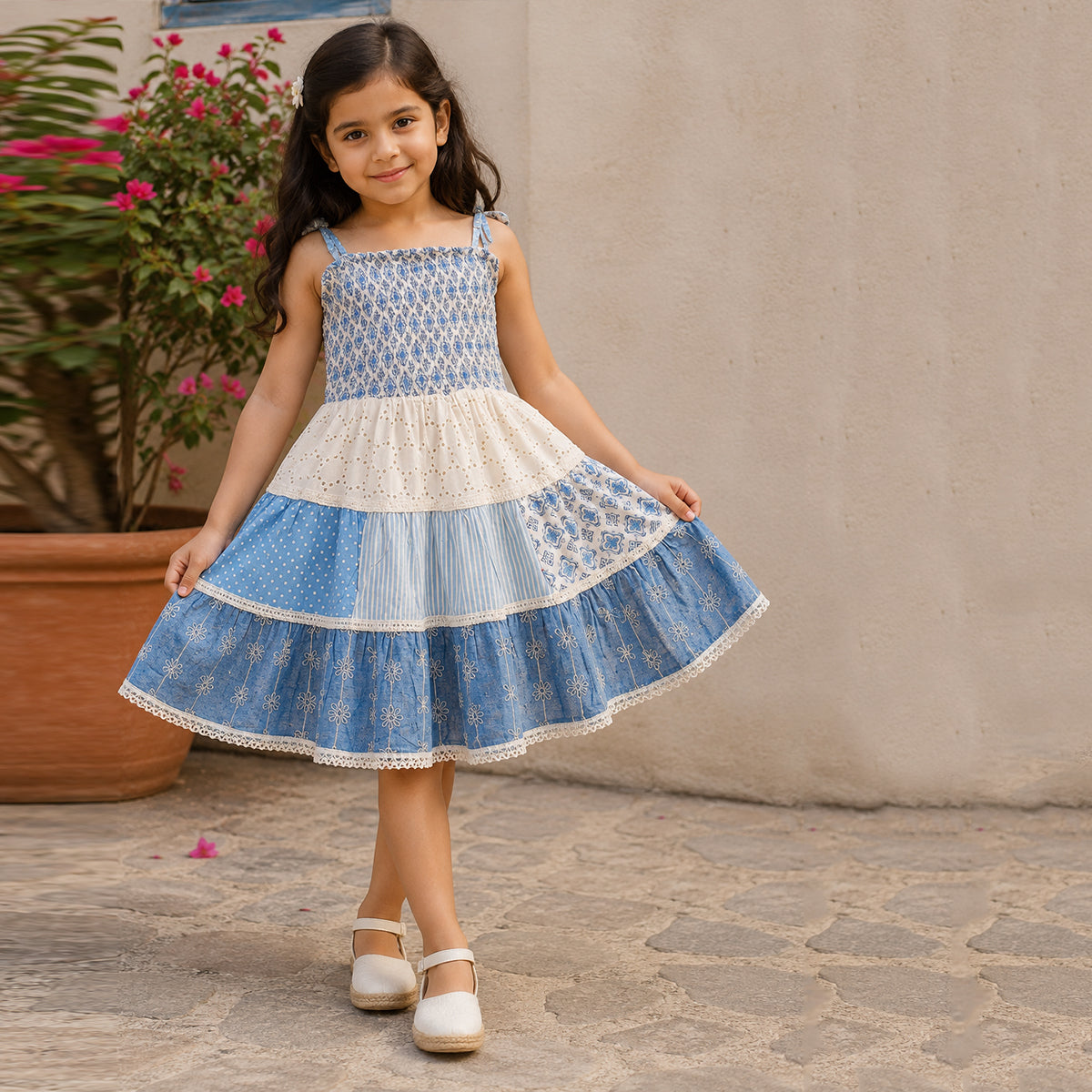 Girls Sleeveless Blue Smocked Cotton Layered Dress