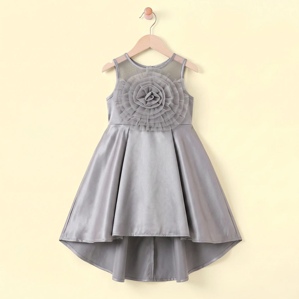 Girls Grey Floral Applique High Low Sleeveless Party Wear Dress