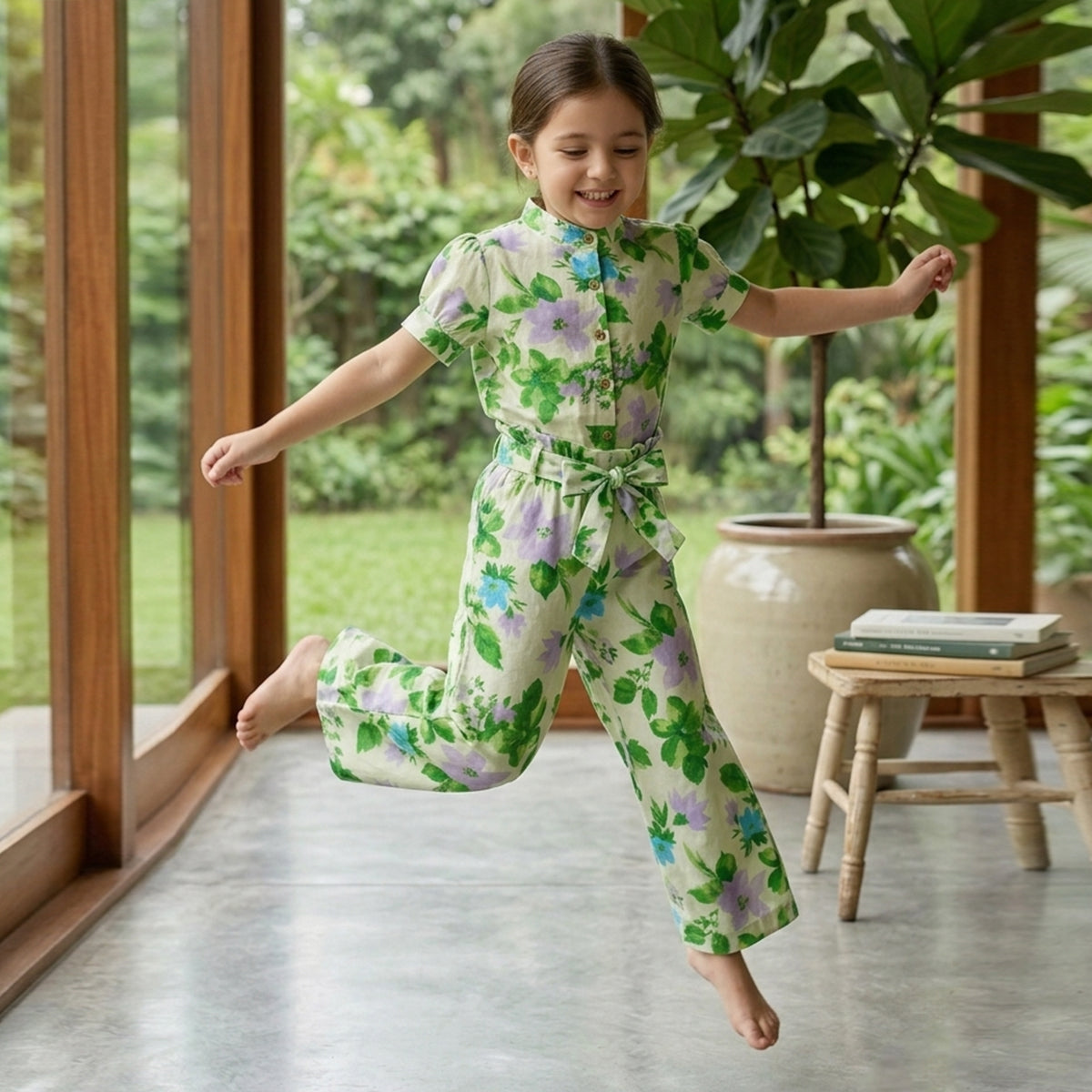 Girls Green Flower Printed Button-Down Mercerized Cotton Co-Ord Set