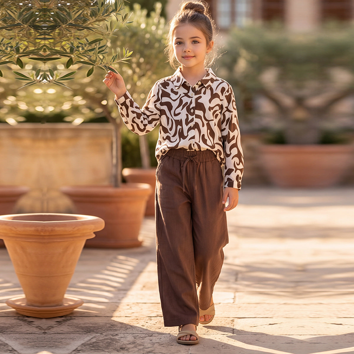 Girls Brown Printed Long Sleeve Shirt and Elasticated Pants Set