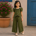 Girls Olive Elegant Flower Embroidery Button-Down Co-Ord Set