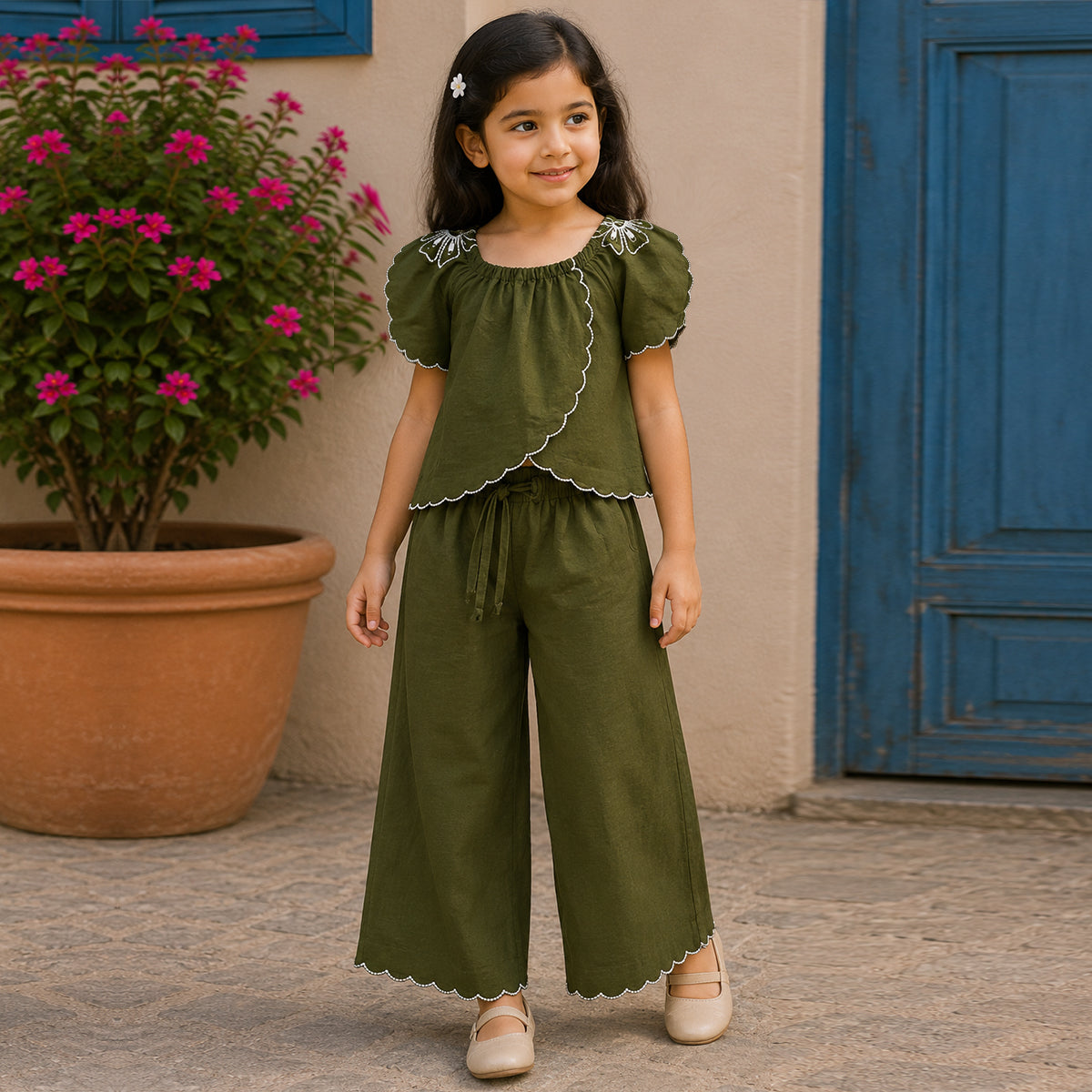 Girls Olive Elegant Flower Embroidery Button-Down Co-Ord Set