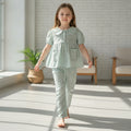 Girls Green Double Pocket Lace Details Top With Printed Pants Sets