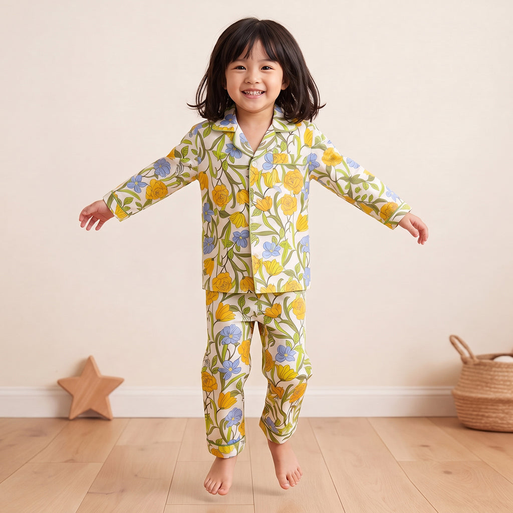 Girls Yellow Floral Printed Long Sleeve Shirt With Elasticated Pants Nightwear Sets