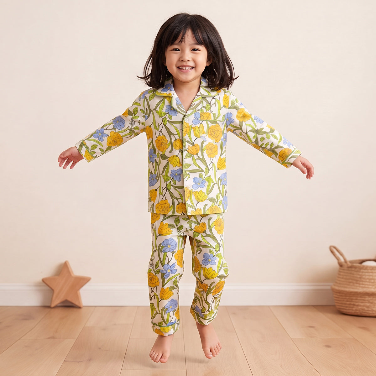 Girls Yellow Floral Printed Long Sleeve Shirt With Elasticated Pants Nightwear Sets