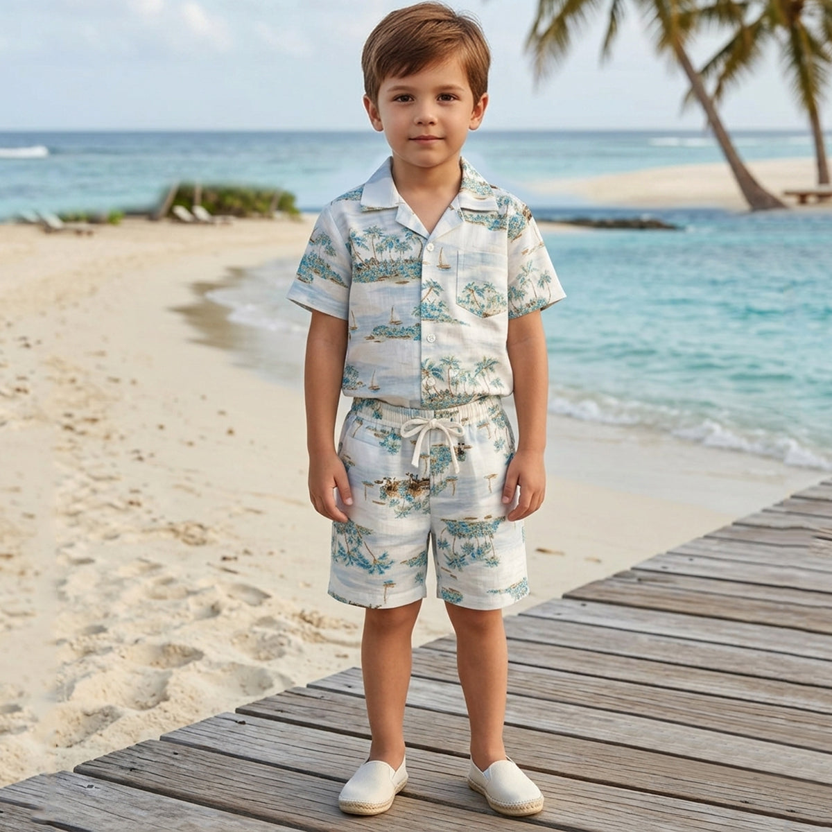 Boys White Printed Short Sleeve Shirt With Short Co-ord Set