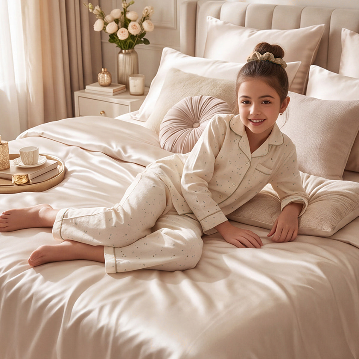 Girls Apricot 3Pcs Pajama Set: Long Sleeve Shirt, Pajamas and Matching Stretched Hair Band