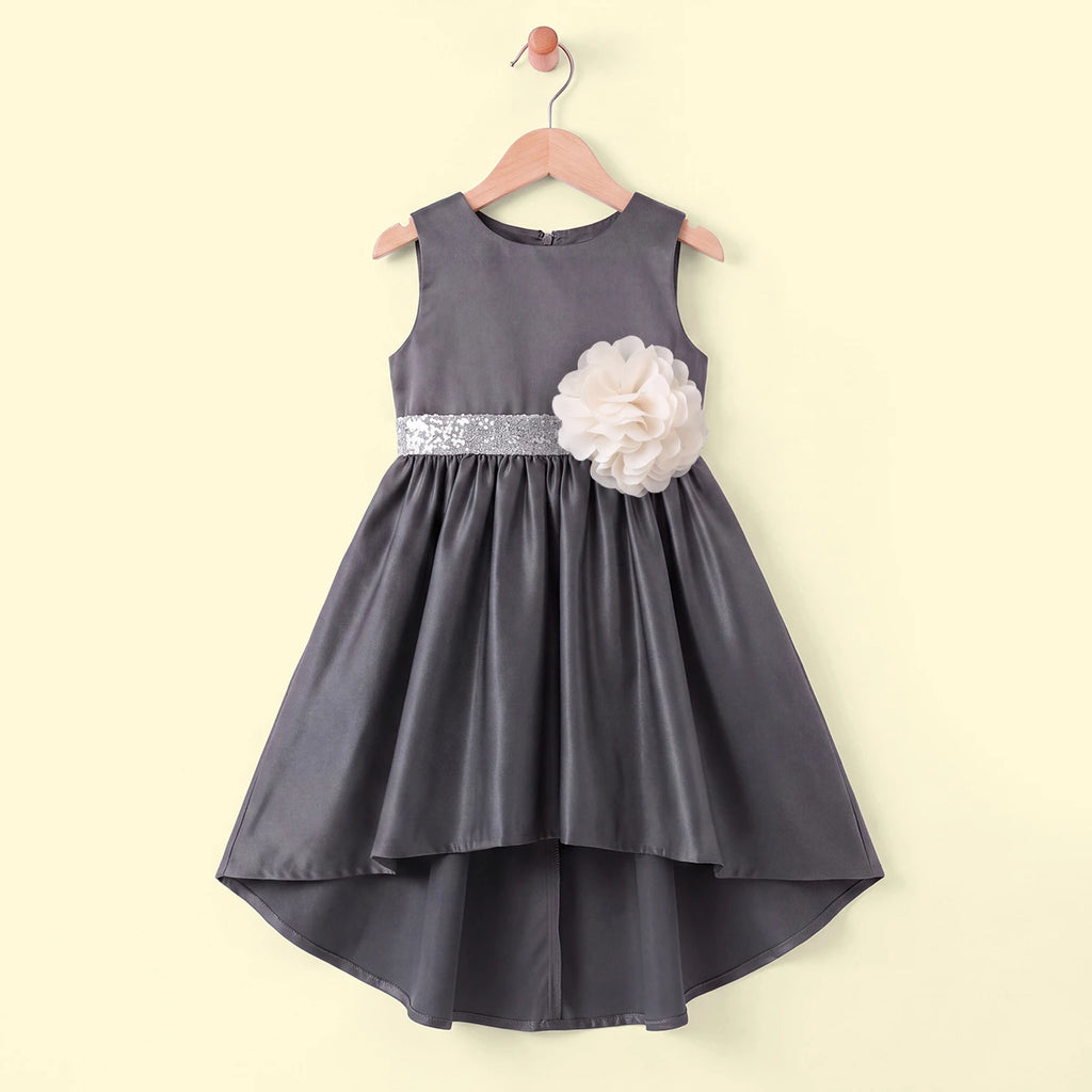 Girls Grey Floral Applique High Low Sleeveless Party Wear Dress