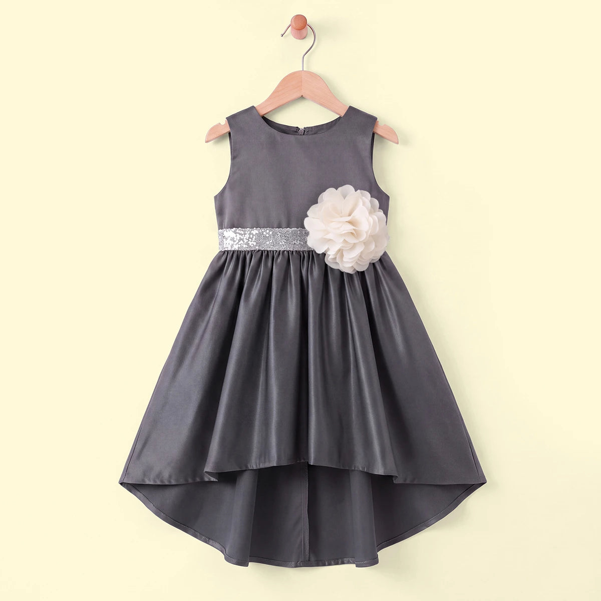 Girls Grey Floral Applique High Low Sleeveless Party Wear Dress