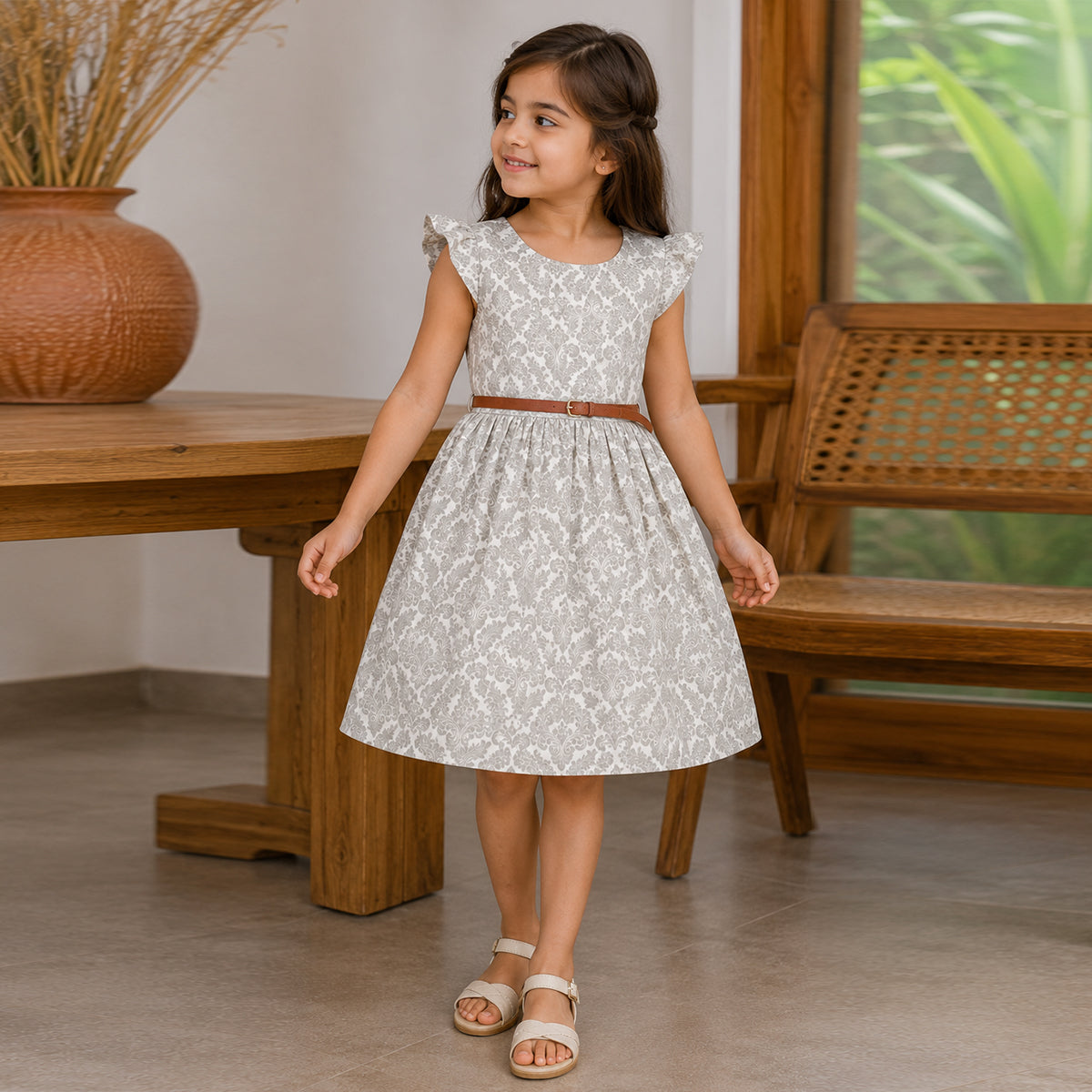 Girls Light Grey Flying Sleeve Fit & Flare Dress With PU Belt