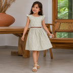 Girls Green Flying Sleeve Fit & Flare Dress With PU Belt
